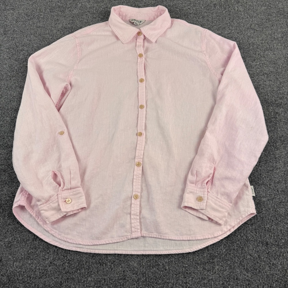 Orvis Button Front Shirt Womens Large Pink Excellent Linen Blend Roll Tab Sleeve